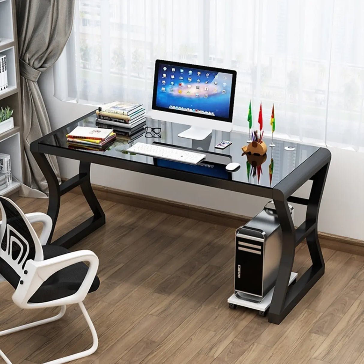 White-Black Glass Top Storage Sledge Computer Desk Image - 17