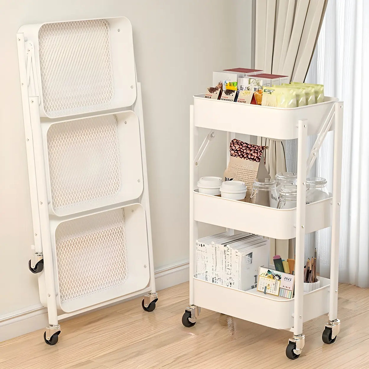White Casual Mobile Vertical Sliding Storage Bookcase Image - 3