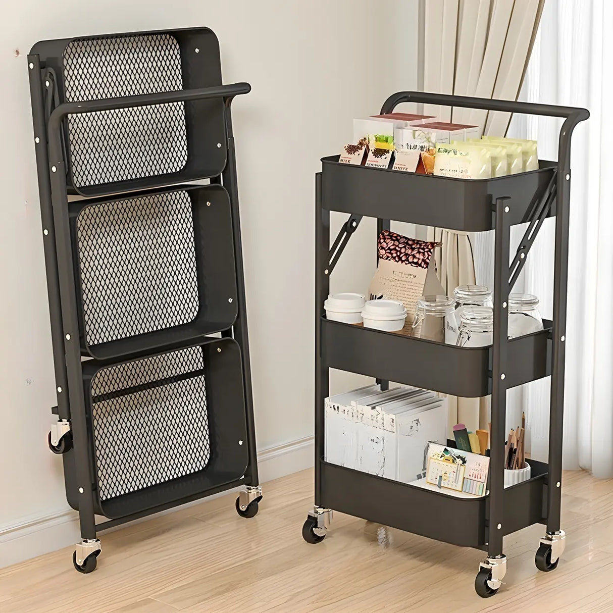 White Casual Mobile Vertical Sliding Storage Bookcase Image - 5