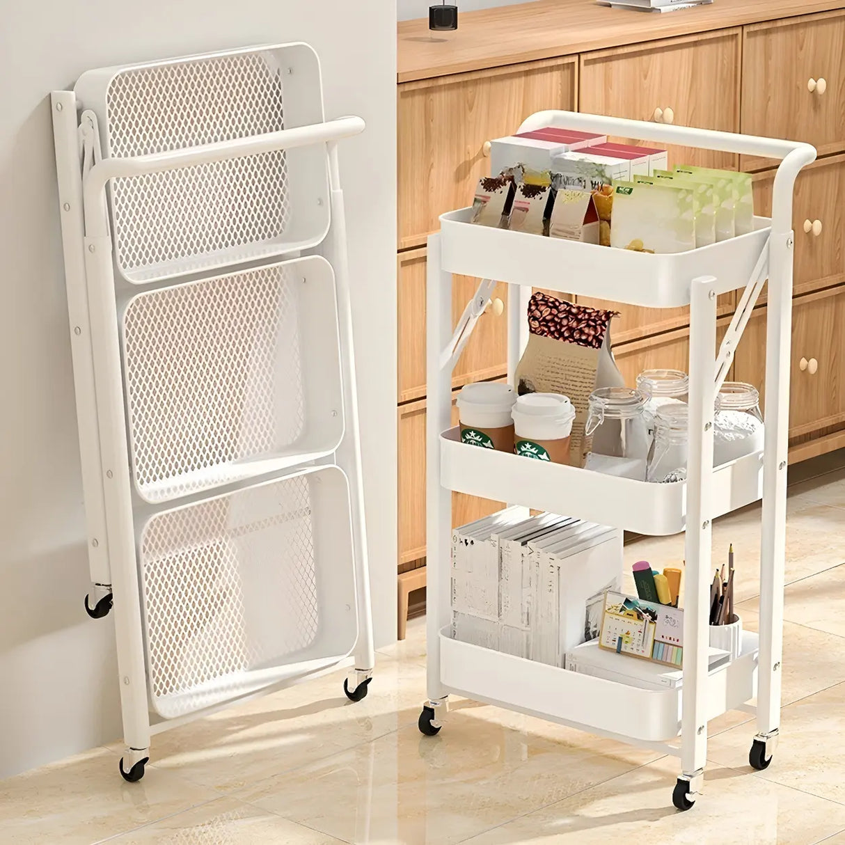 White Casual Mobile Vertical Sliding Storage Bookcase Image - 6