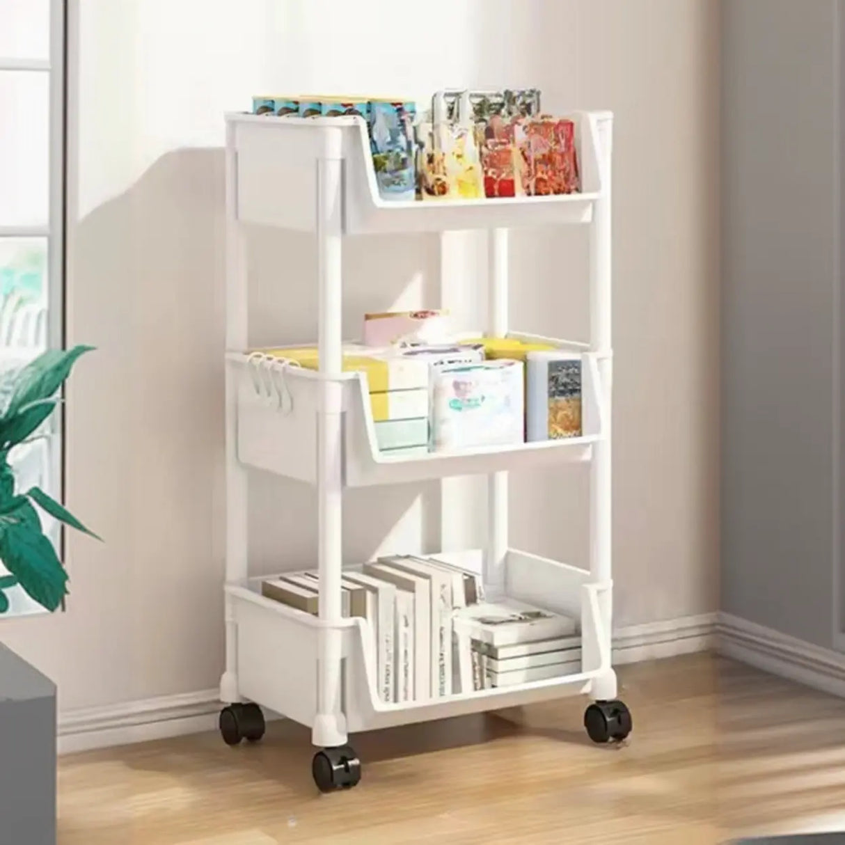 White Casual Open Vertical Sliding Organizer Bookcase Image - 5