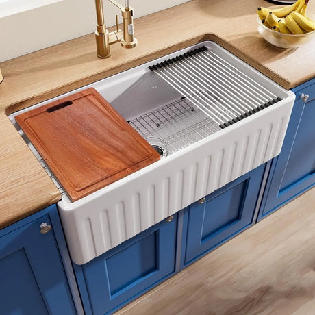 White Ceramic Stripe Kitchen Sink with Basket Strainer Image - 1
