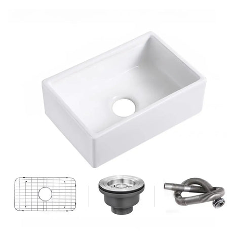 White Ceramic Stripe Kitchen Sink with Basket Strainer Image - 2