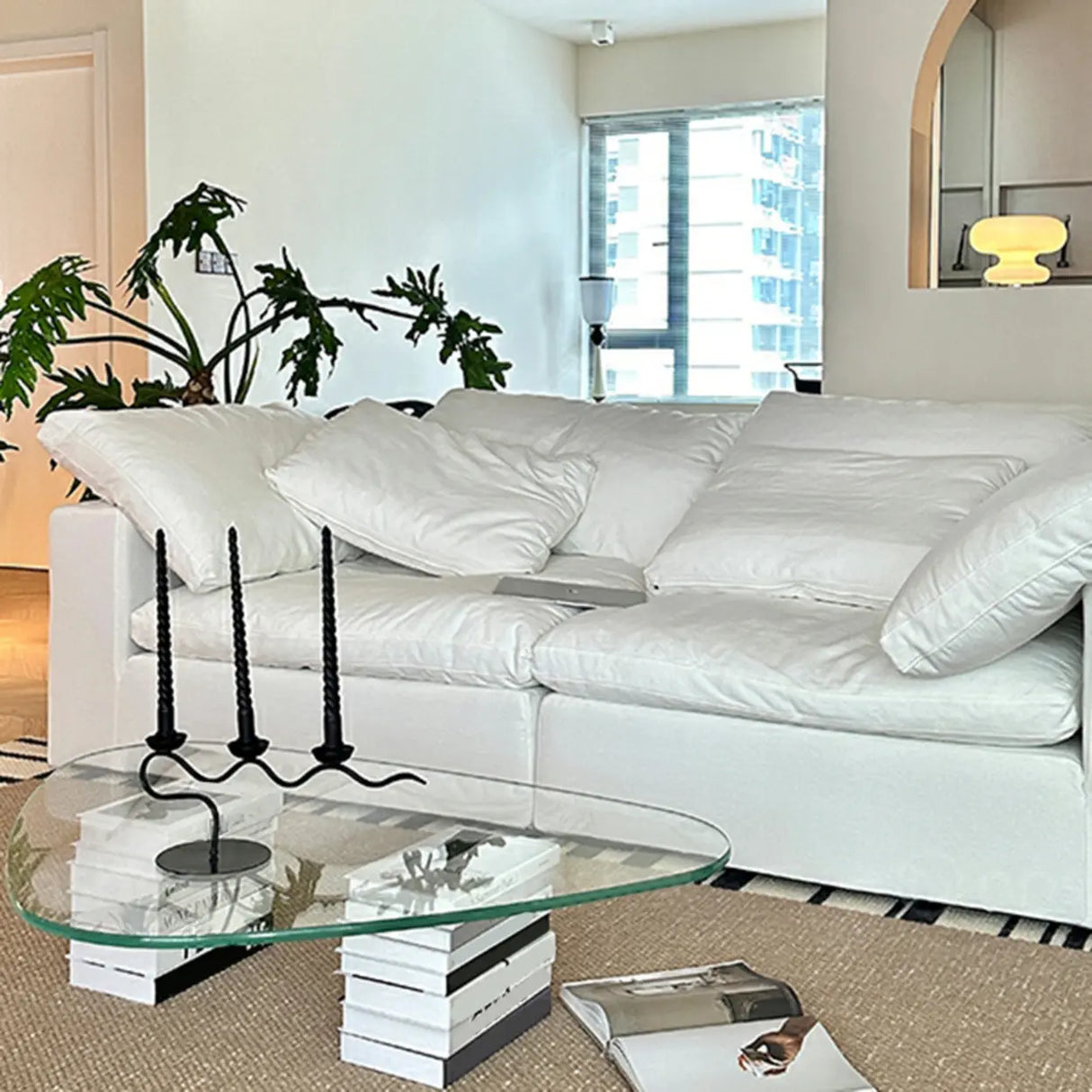 White Cotton Linen Removable Cushion Square Arm Sofa Image - 14