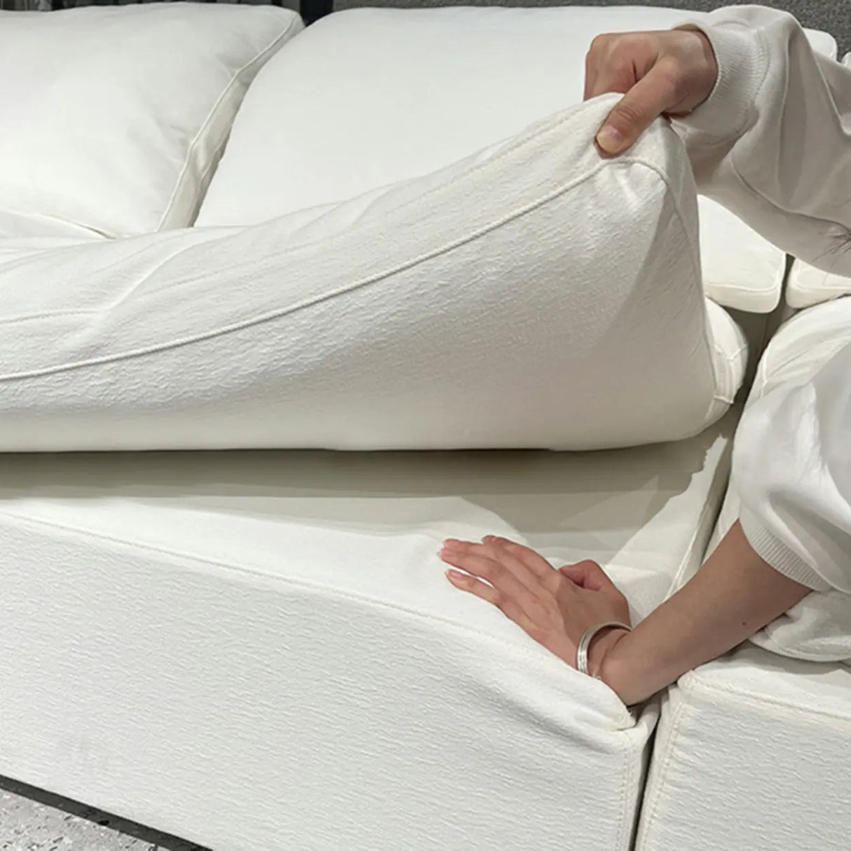 White Cotton Linen Removable Cushion Square Arm Sofa Image - 15