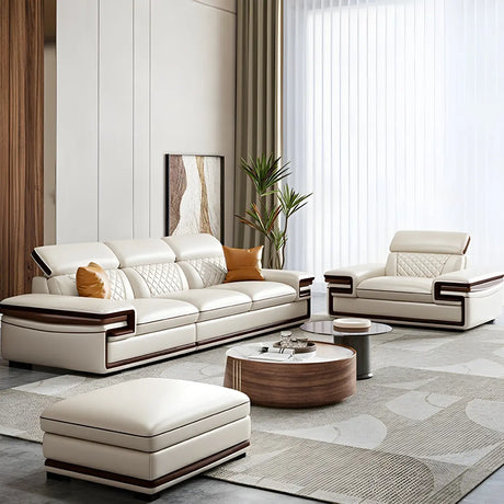 White Cow Leather Sewn Pillow Back Latex Fill Sofa Image - 1