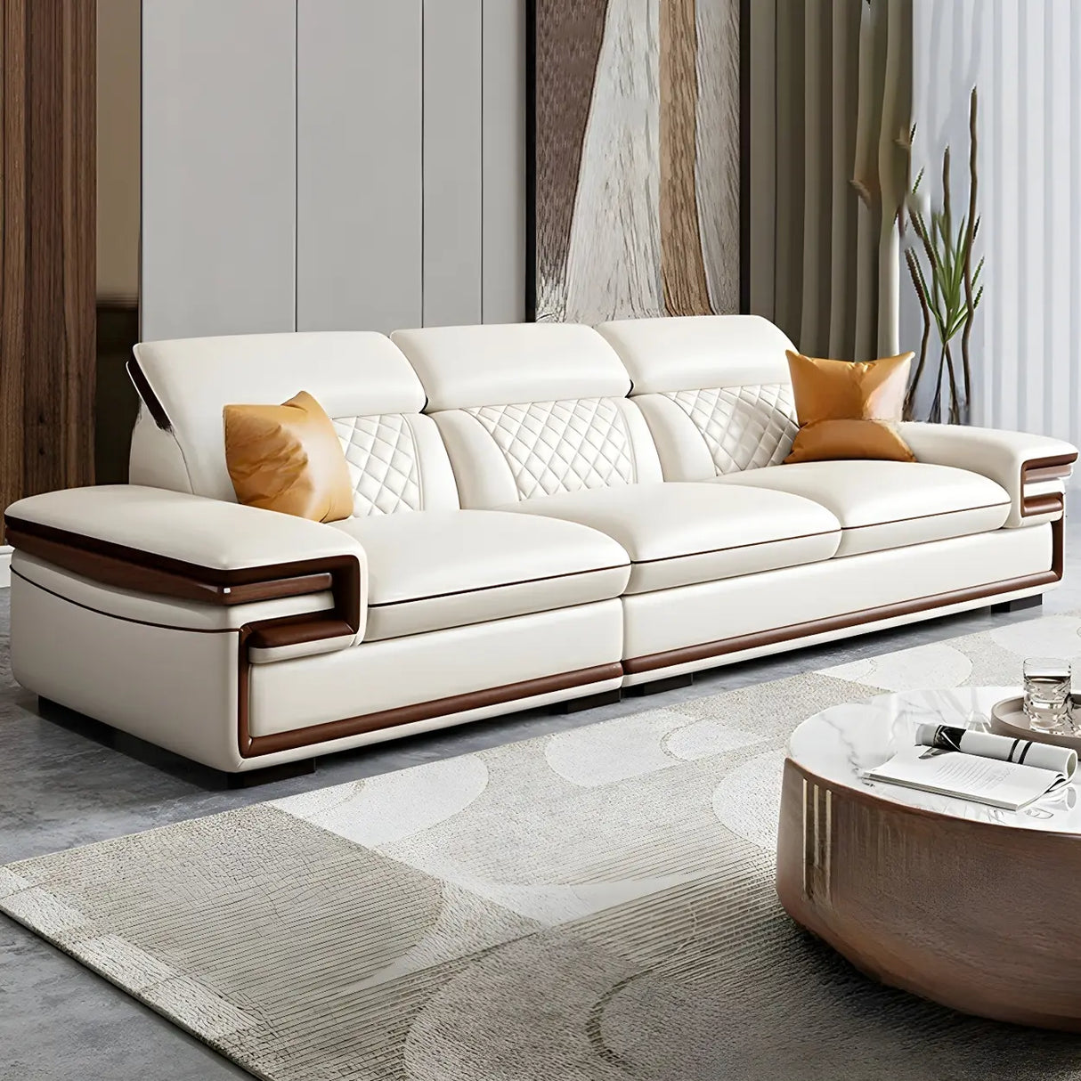 White Cow Leather Sewn Pillow Back Latex Fill Sofa Image - 10