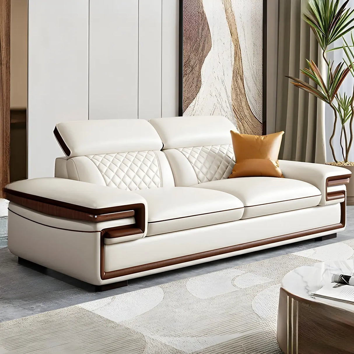 White Cow Leather Sewn Pillow Back Latex Fill Sofa Image - 2