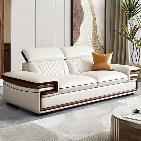 White Cow Leather Sewn Pillow Back Latex Fill Sofa Image - 2