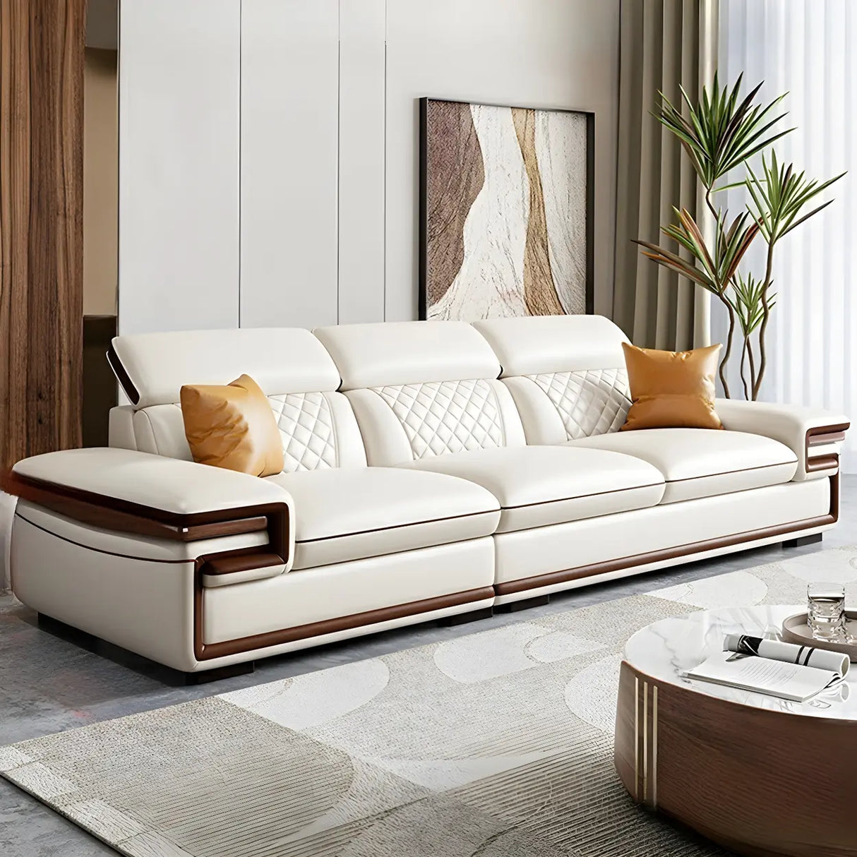 White Cow Leather Sewn Pillow Back Latex Fill Sofa Image - 3
