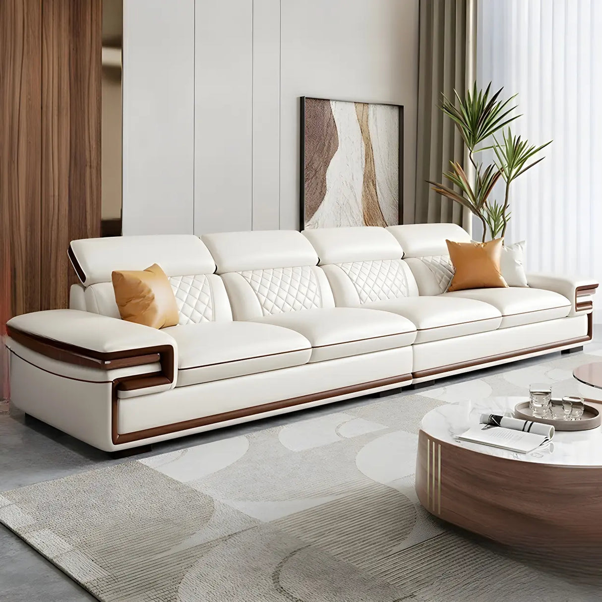 White Cow Leather Sewn Pillow Back Latex Fill Sofa Image - 5