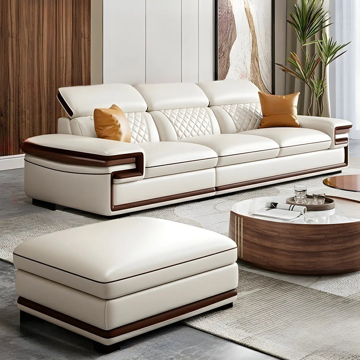 White Cow Leather Sewn Pillow Back Latex Fill Sofa Image - 7