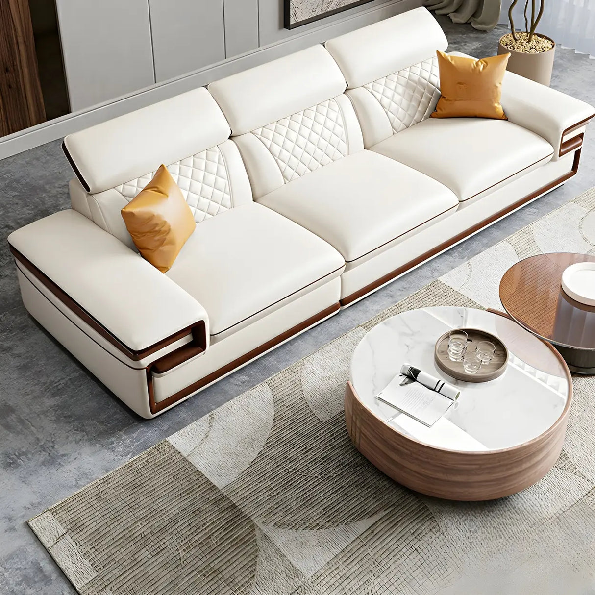 White Cow Leather Sewn Pillow Back Latex Fill Sofa Image - 8