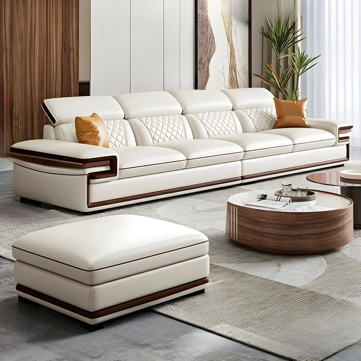 White Cow Leather Sewn Pillow Back Latex Fill Sofa Image - 9