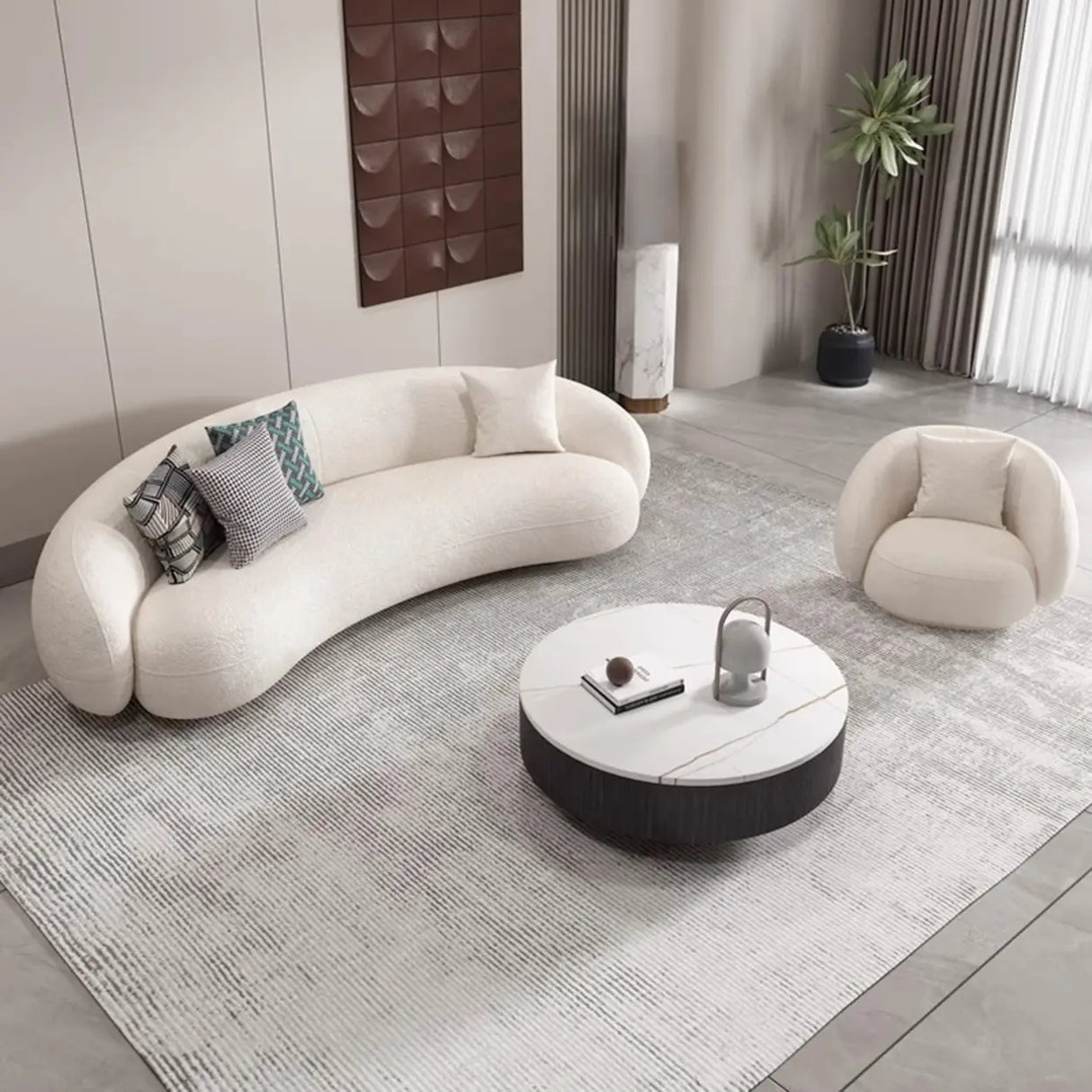 White Curved Sherpa Fabric Sloped Arms Tight Back Sofa Image - 1
