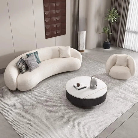 White Curved Sherpa Fabric Sloped Arms Tight Back Sofa Image - 1