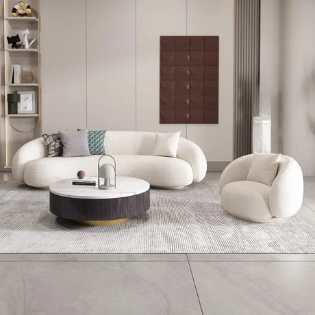 White Curved Sherpa Fabric Sloped Arms Tight Back Sofa Image - 2