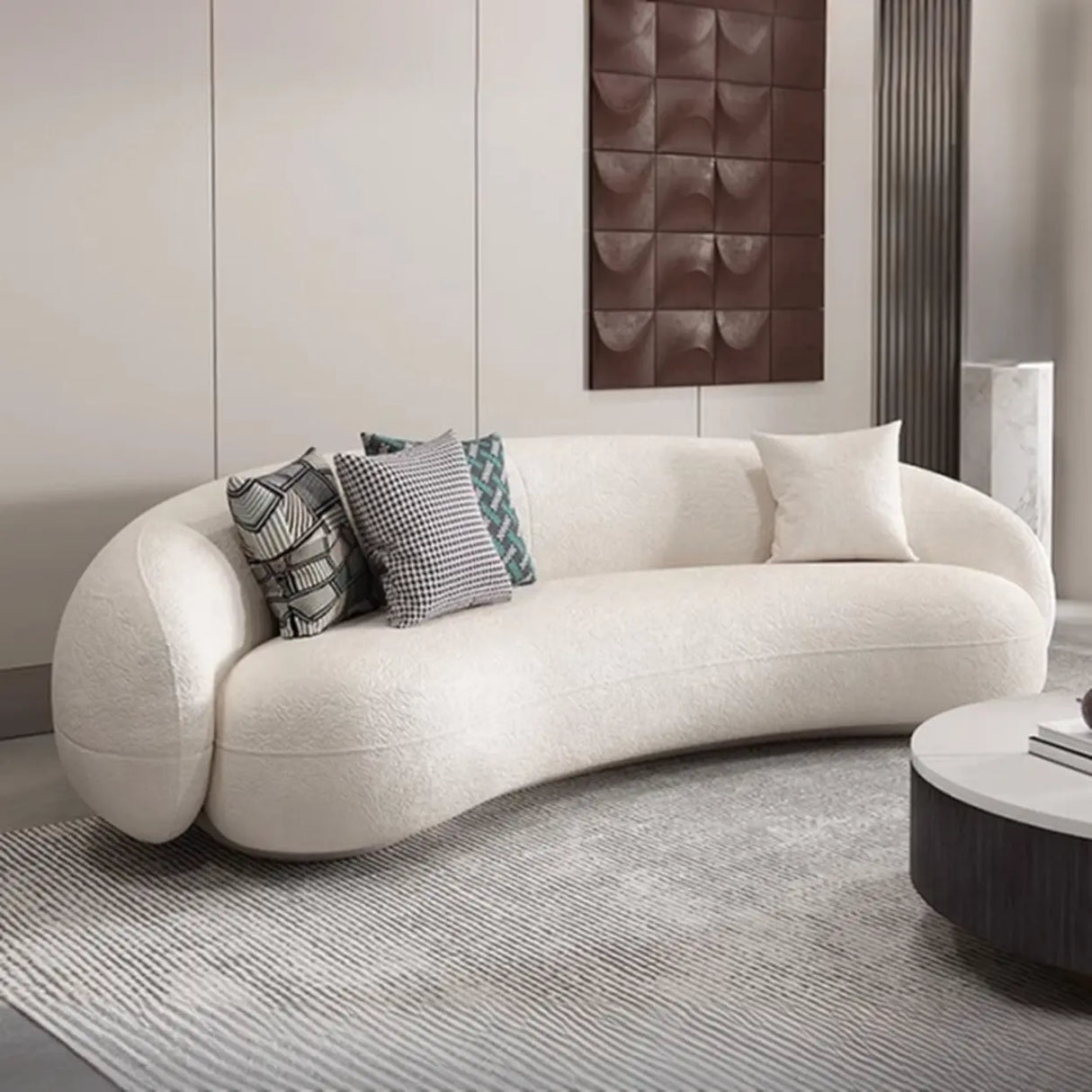White Curved Sherpa Fabric Sloped Arms Tight Back Sofa Image - 3
