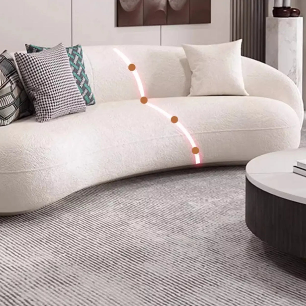 White Curved Sherpa Fabric Sloped Arms Tight Back Sofa Image - 7