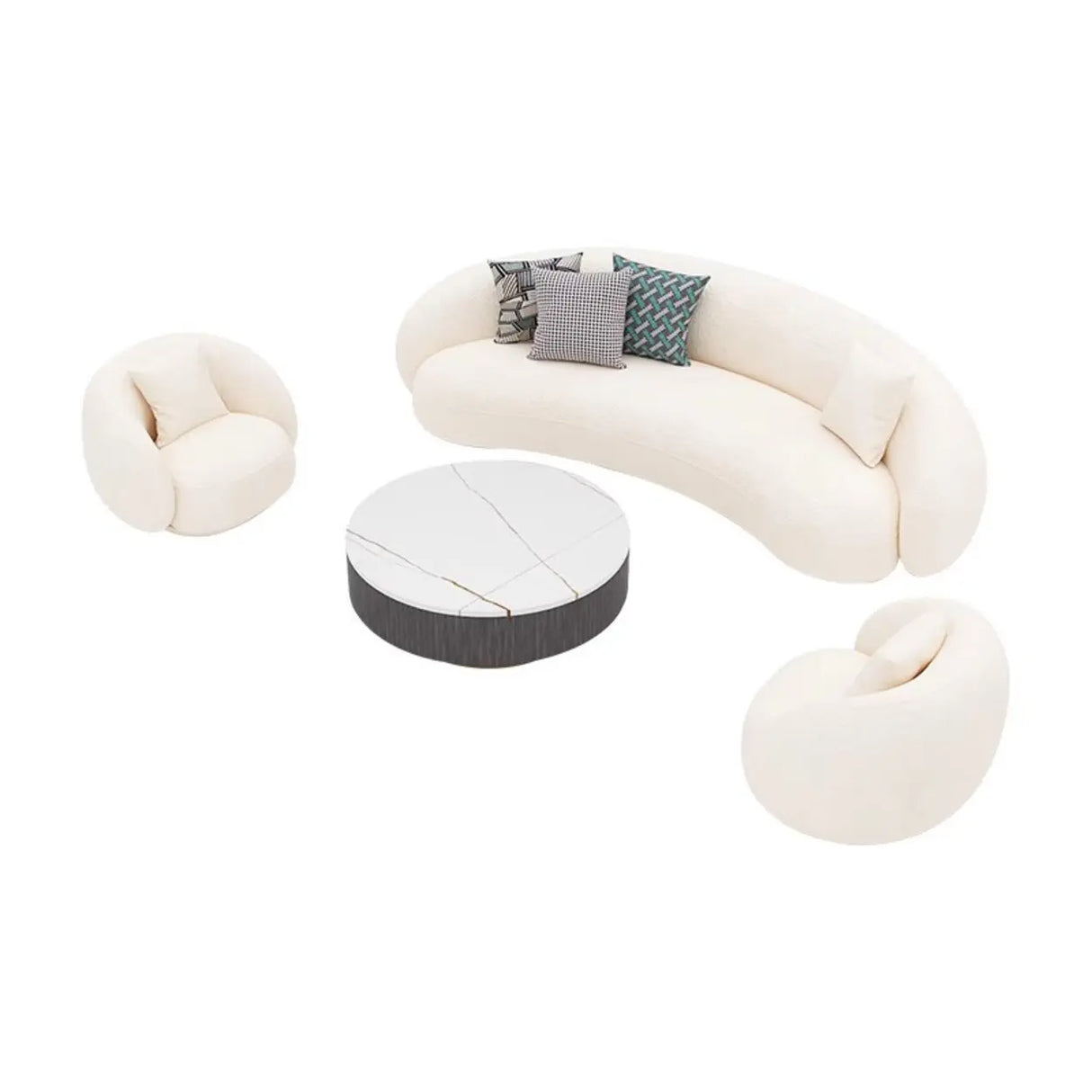 White Curved Sherpa Fabric Sloped Arms Tight Back Sofa Image - 8
