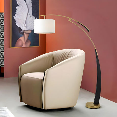 White Cylinder Shade Modern Gold Arc Floor Lamp Image - 2