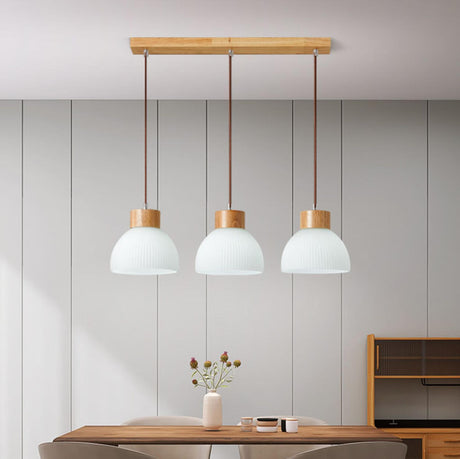 White Dome Glass and Wood Pendant Light Kitchen Island Image - 1