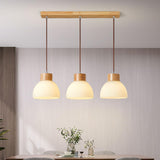 White Dome Glass and Wood Pendant Light Kitchen Island Image - 7