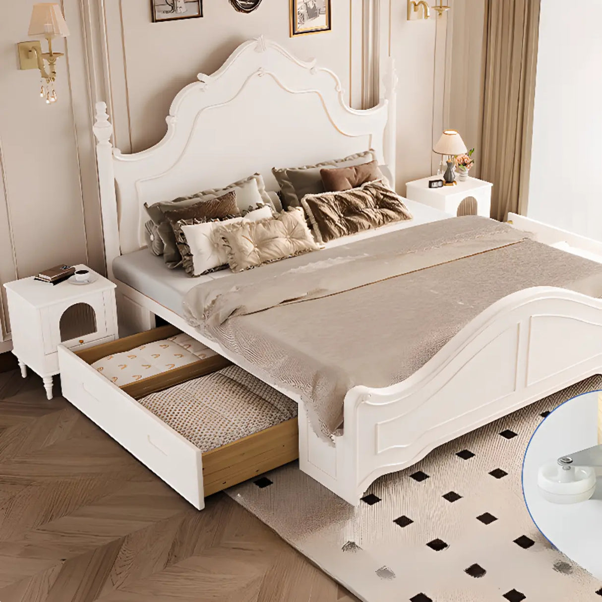 White Elegant Wooden Storage Bed with Mattress and Drawers Image - 1