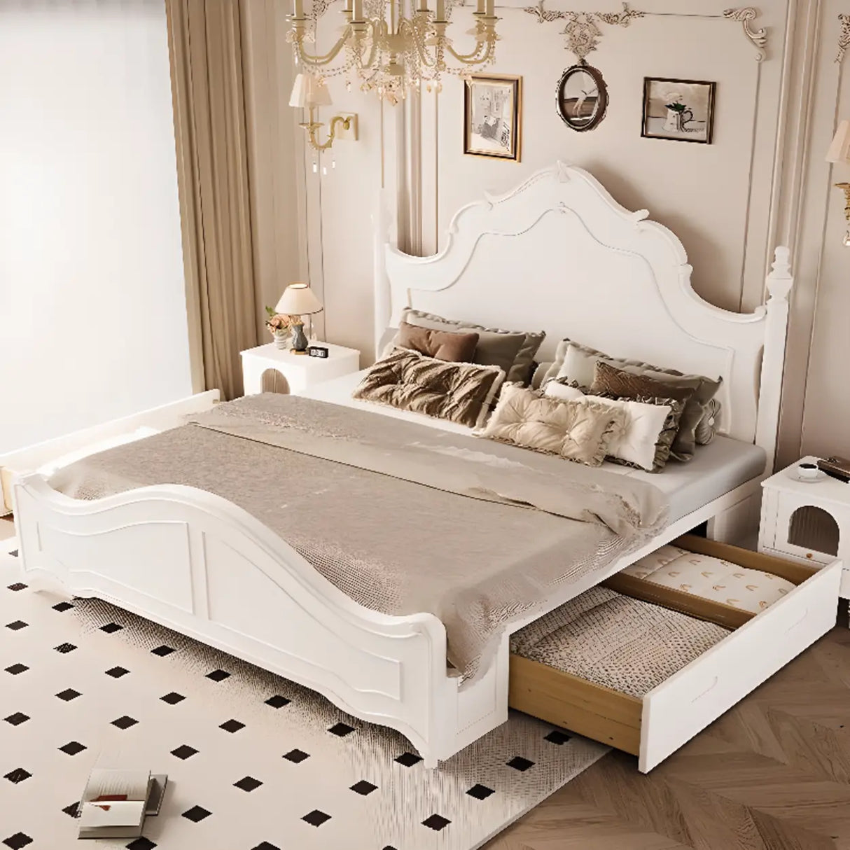 White Elegant Wooden Storage Bed with Mattress and Drawers Image - 5