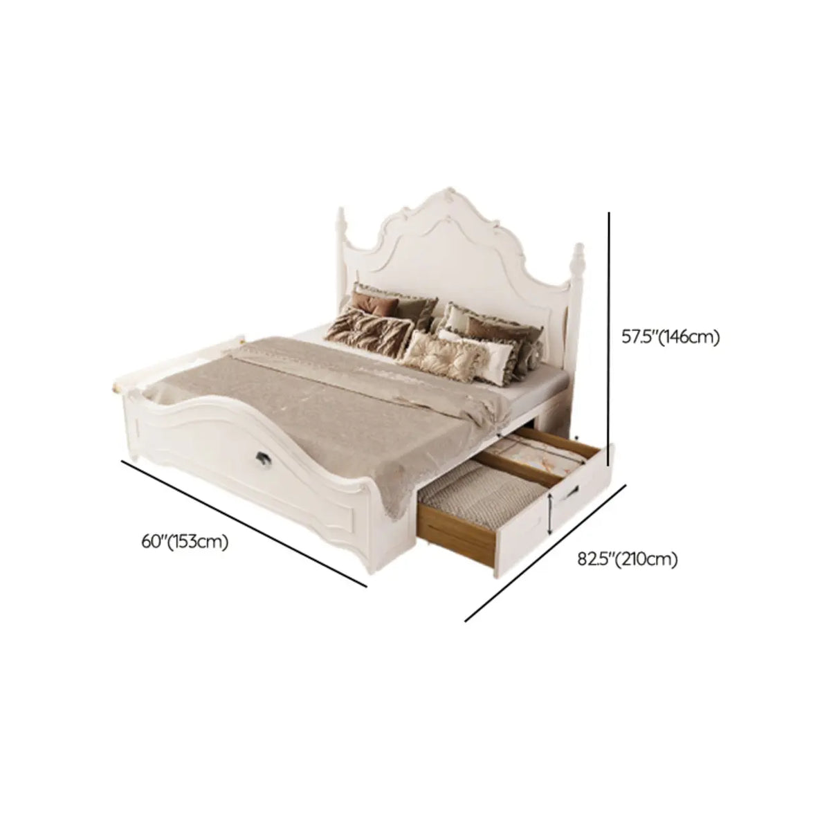 White Elegant Wooden Storage Bed with Mattress and Drawers 