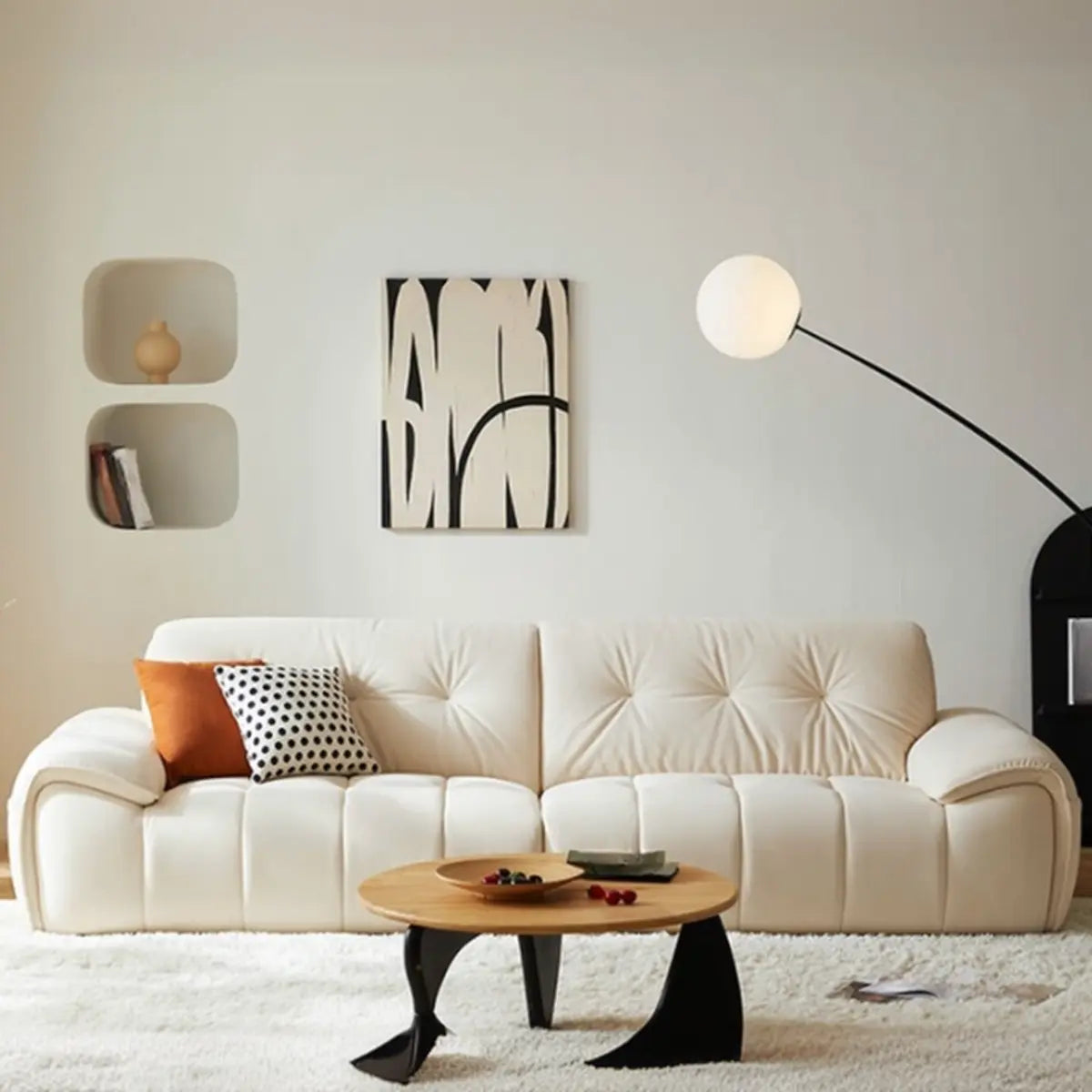 White Fabric Wooden Frame Sofa with Side Storage Image - 4