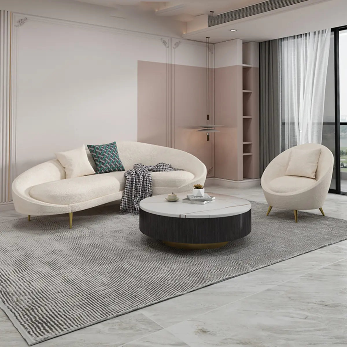 White Fabrics Pillow Back Curved Sofa Seating Group Image - 1