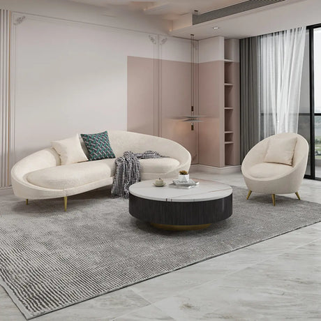 White Fabrics Pillow Back Curved Sofa Seating Group Image - 1
