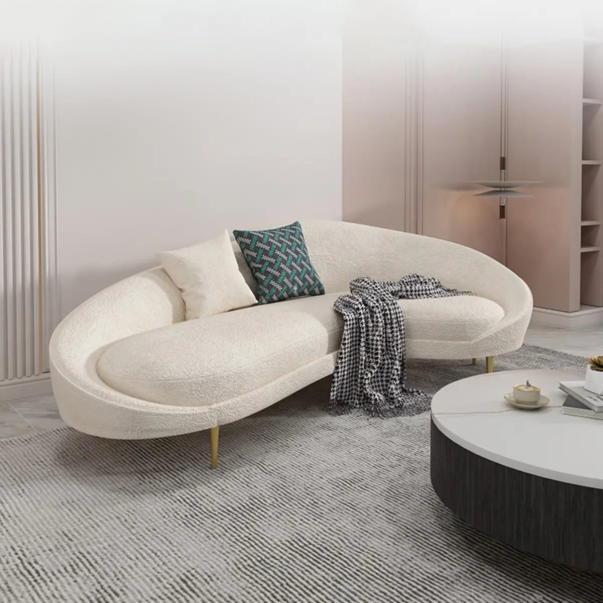 White Fabrics Pillow Back Curved Sofa Seating Group Image - 12
