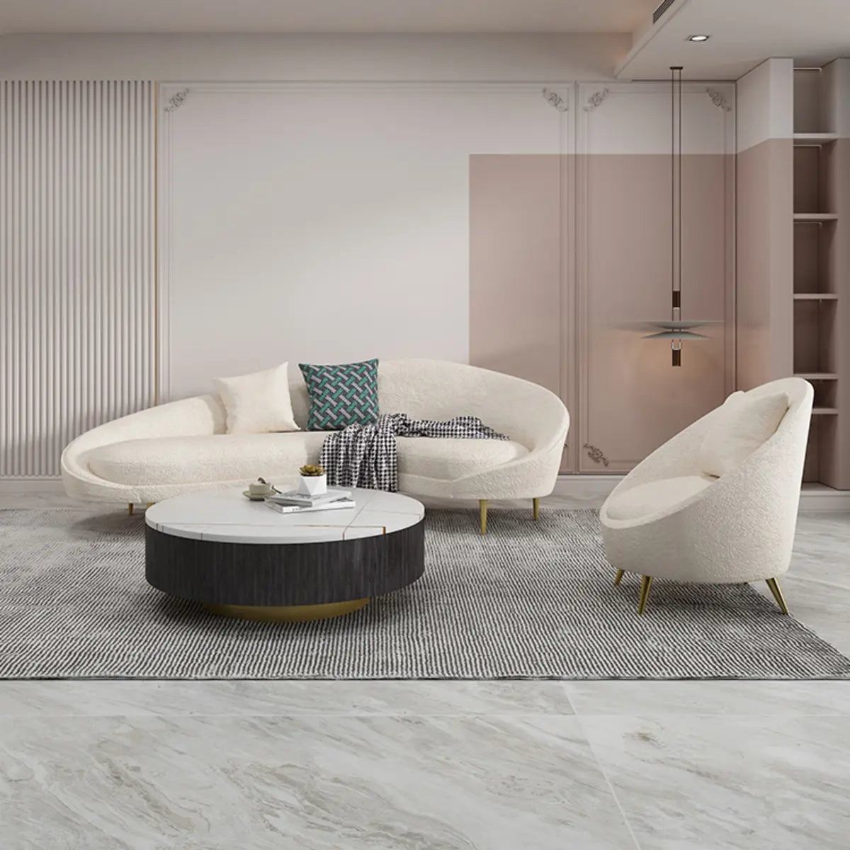 White Fabrics Pillow Back Curved Sofa Seating Group Image - 4