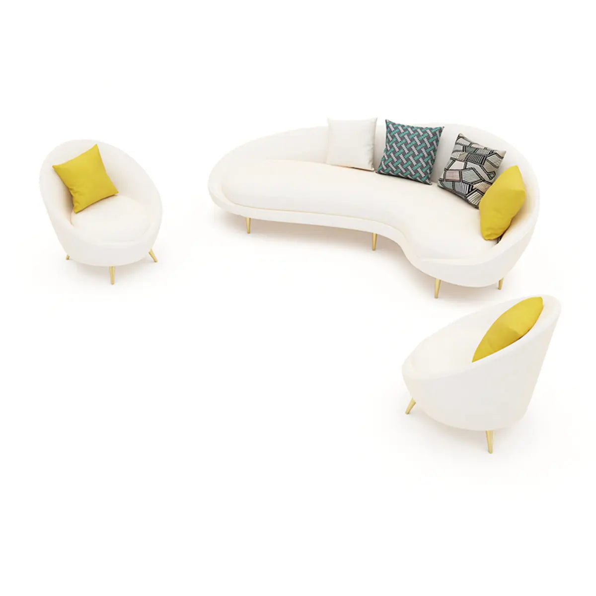 White Fabrics Pillow Back Curved Sofa Seating Group Image - 5