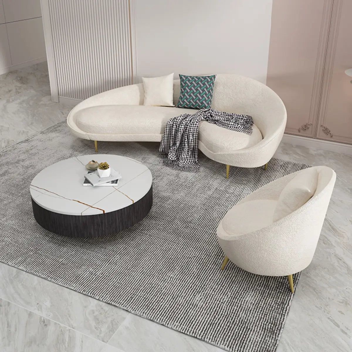 White Fabrics Pillow Back Curved Sofa Seating Group Image - 6