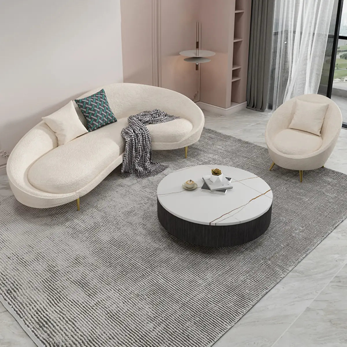 White Fabrics Pillow Back Curved Sofa Seating Group Image - 8