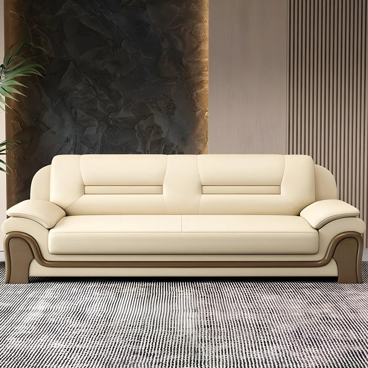 White Faux Leather Wood Frame Reception Sofa with Arms Image - 1
