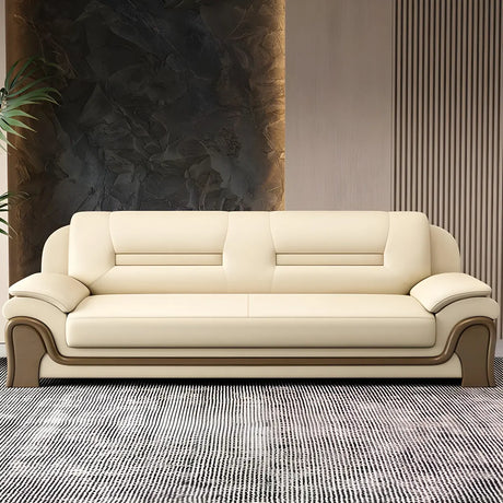 White Faux Leather Wood Frame Reception Sofa with Arms Image - 1
