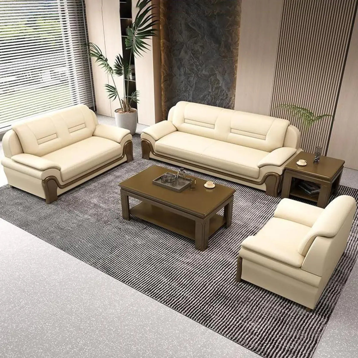White Faux Leather Wood Frame Reception Sofa with Arms Image - 11