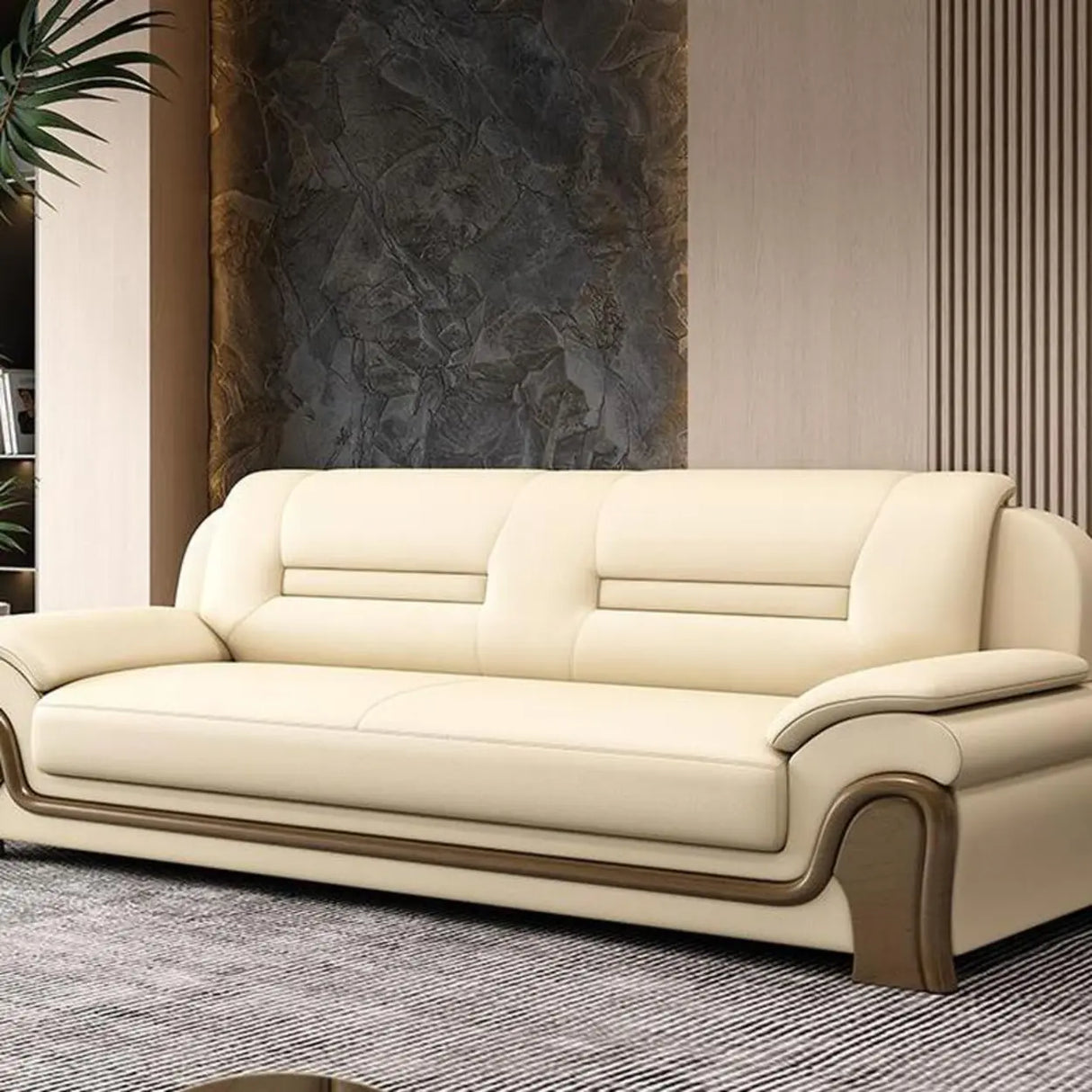 White Faux Leather Wood Frame Reception Sofa with Arms Image - 12