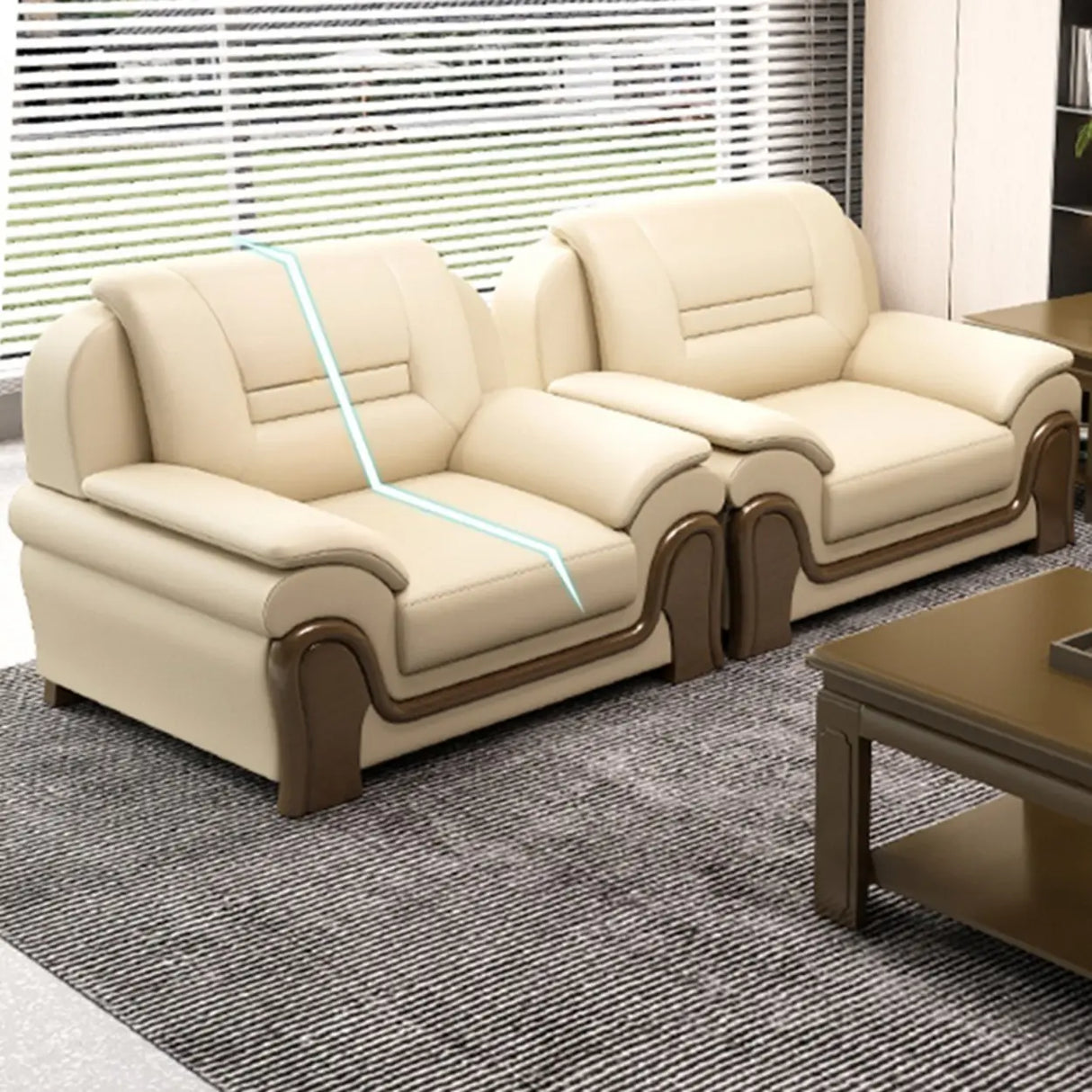 White Faux Leather Wood Frame Reception Sofa with Arms Image - 13