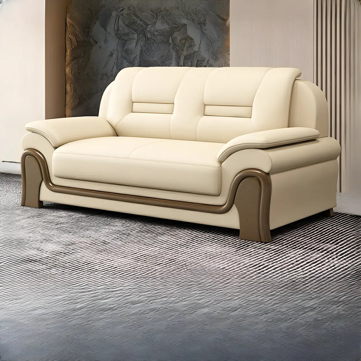 White Faux Leather Wood Frame Reception Sofa with Arms Image - 3