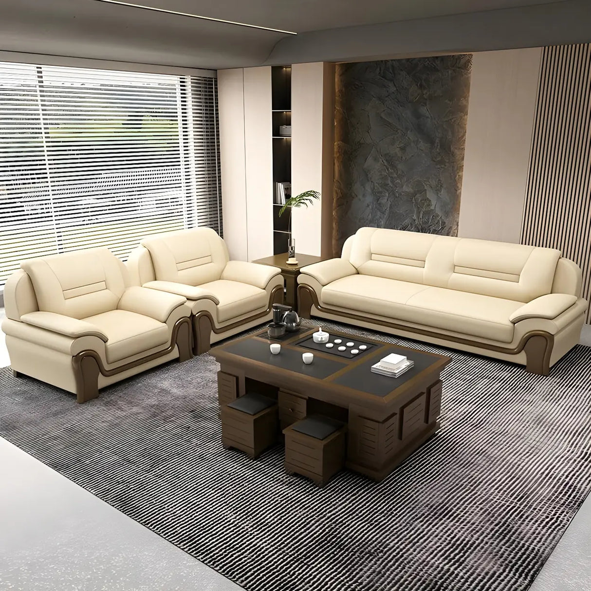White Faux Leather Wood Frame Reception Sofa with Arms Image - 4