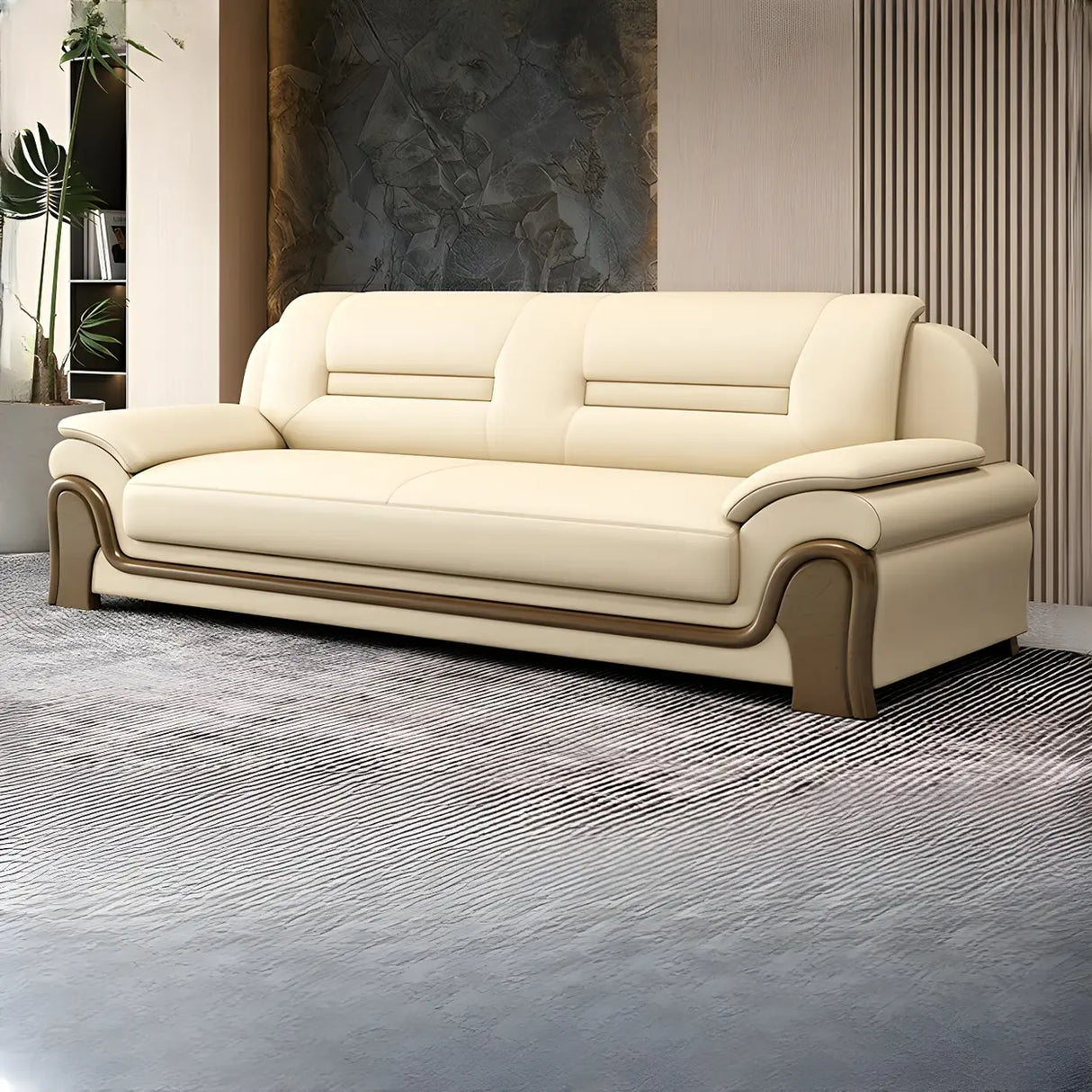 White Faux Leather Wood Frame Reception Sofa with Arms Image - 5