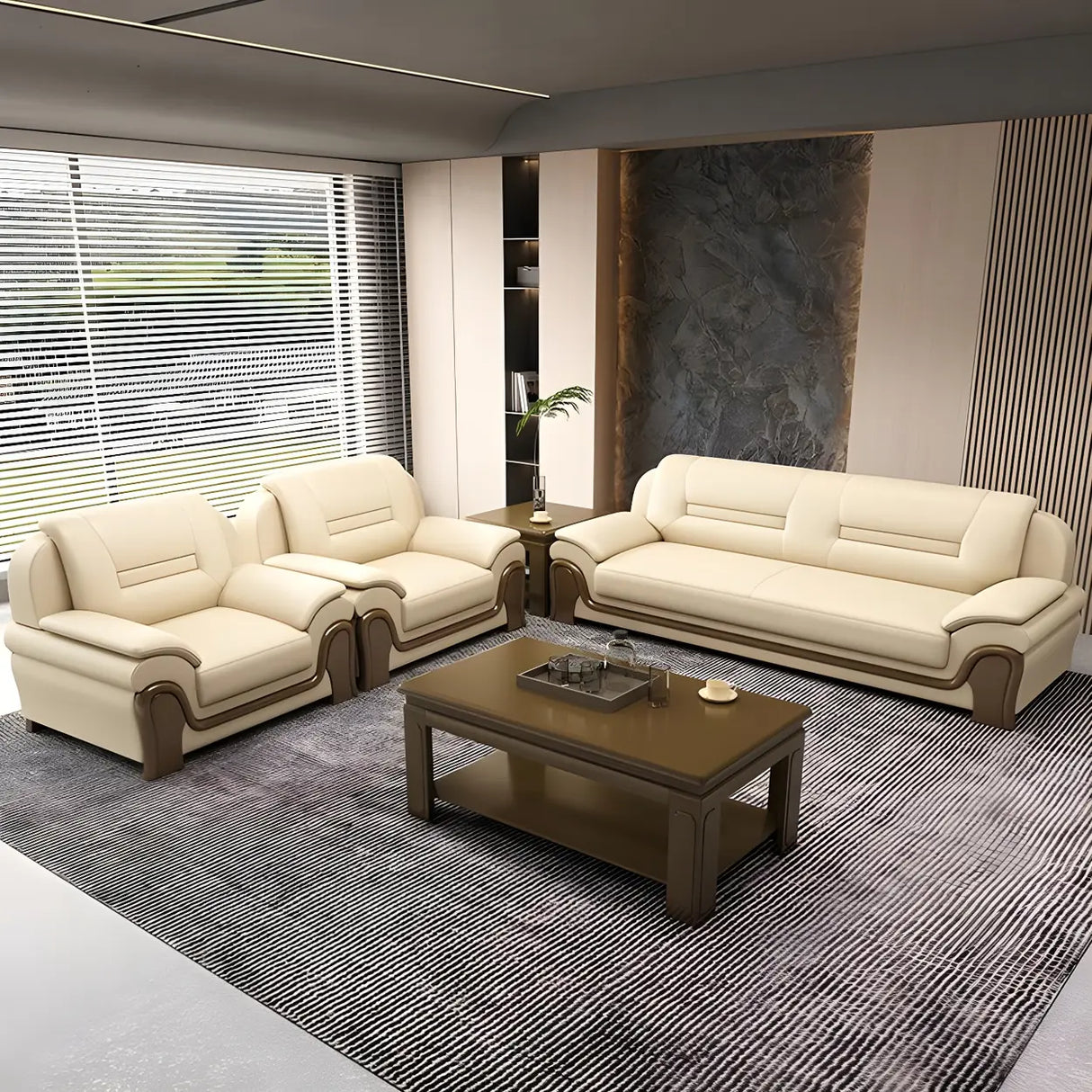 White Faux Leather Wood Frame Reception Sofa with Arms Image - 6