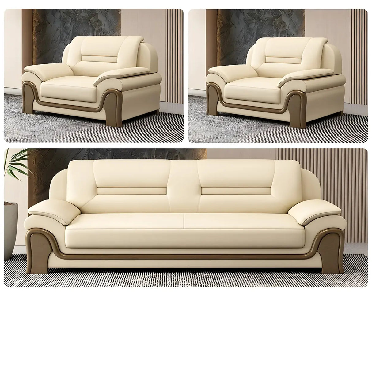White Faux Leather Wood Frame Reception Sofa with Arms Image - 7