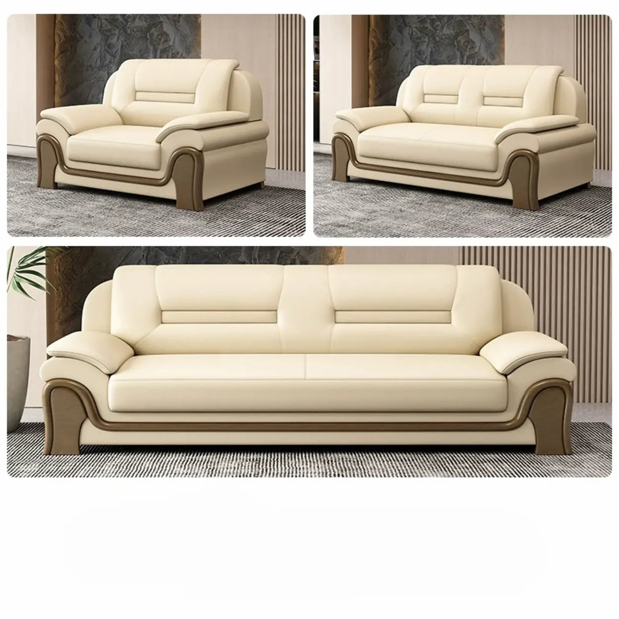 White Faux Leather Wood Frame Reception Sofa with Arms Image - 9
