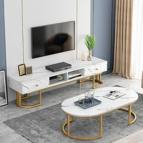 White Faux Marble Oval Gold Metal Base Coffee Table Image - 1